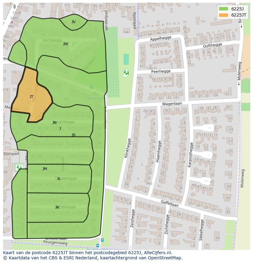 Afbeelding van het postcodegebied 6225 JT op de kaart.