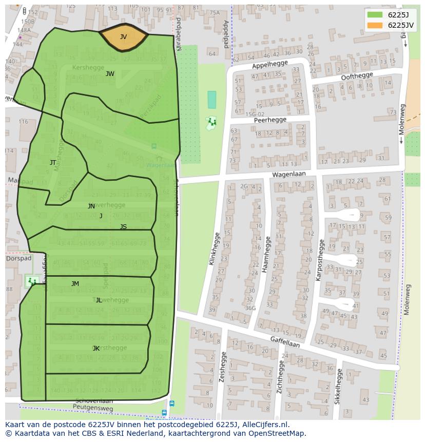 Afbeelding van het postcodegebied 6225 JV op de kaart.