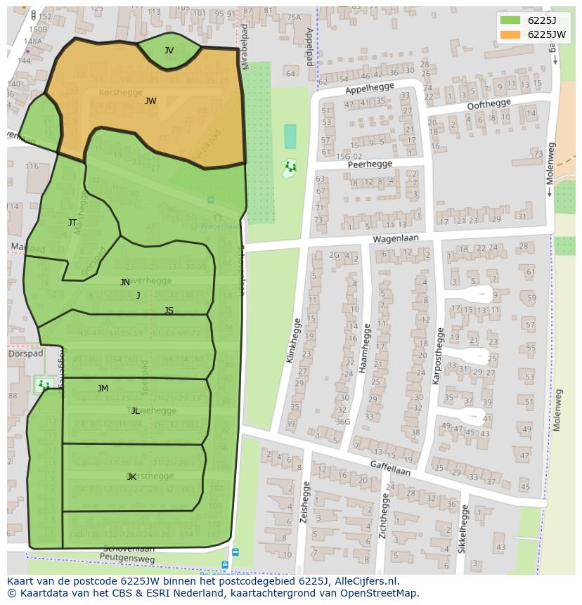 Afbeelding van het postcodegebied 6225 JW op de kaart.