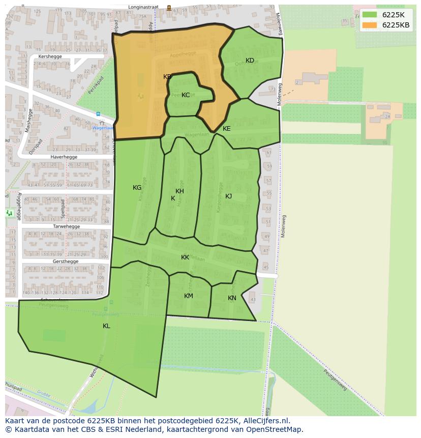 Afbeelding van het postcodegebied 6225 KB op de kaart.