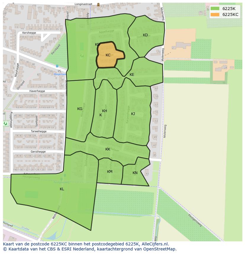 Afbeelding van het postcodegebied 6225 KC op de kaart.
