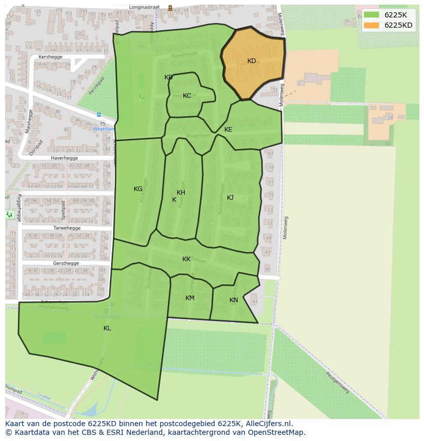 Afbeelding van het postcodegebied 6225 KD op de kaart.