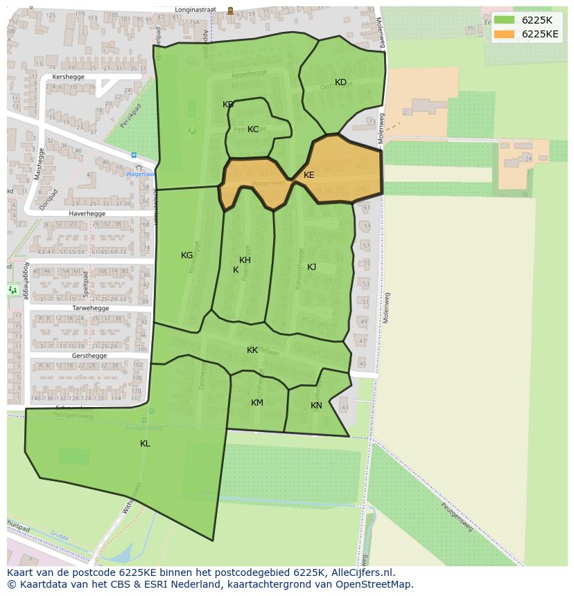 Afbeelding van het postcodegebied 6225 KE op de kaart.