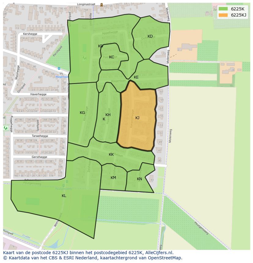 Afbeelding van het postcodegebied 6225 KJ op de kaart.