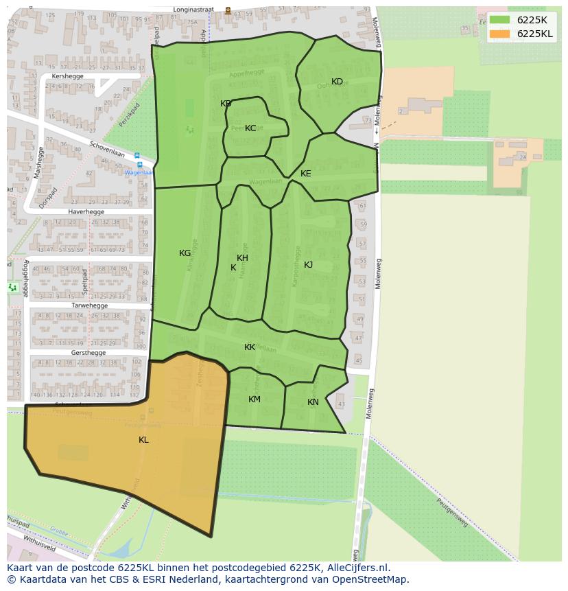 Afbeelding van het postcodegebied 6225 KL op de kaart.