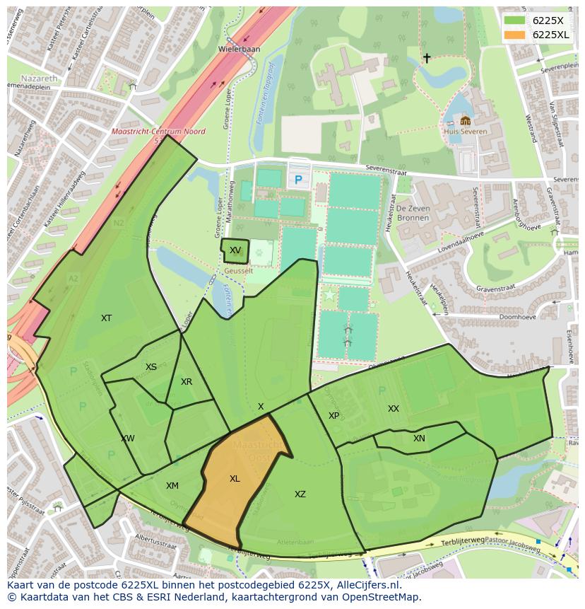 Afbeelding van het postcodegebied 6225 XL op de kaart.