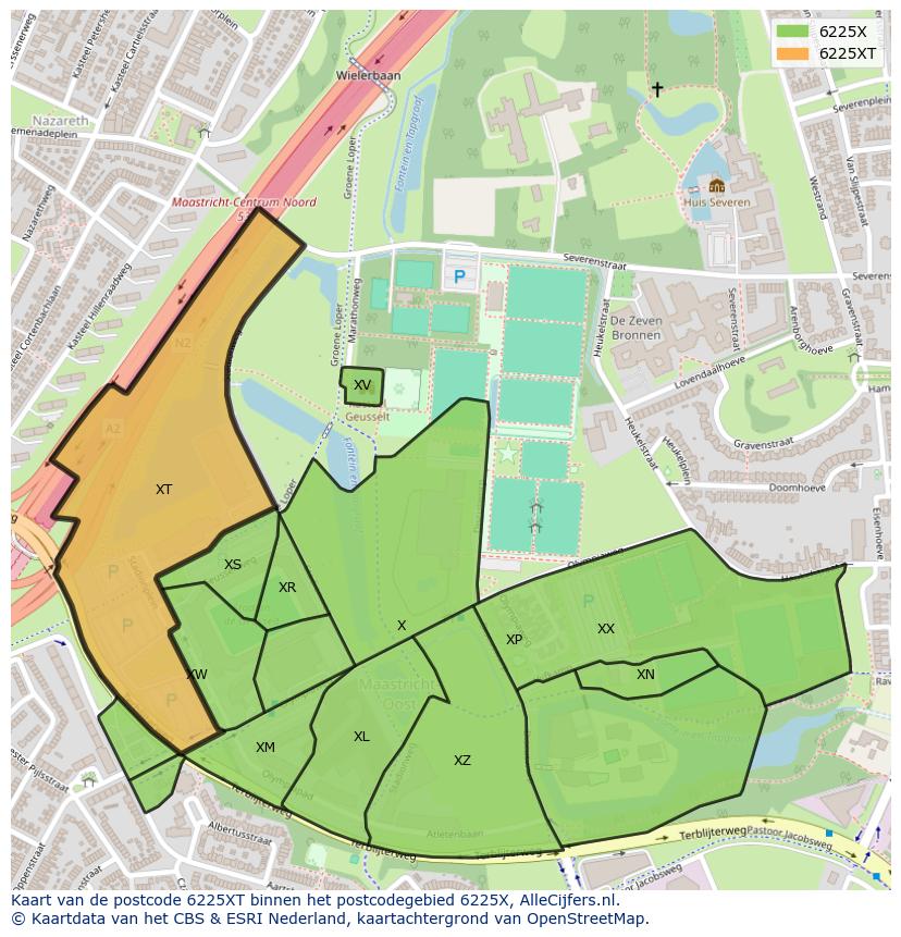 Afbeelding van het postcodegebied 6225 XT op de kaart.