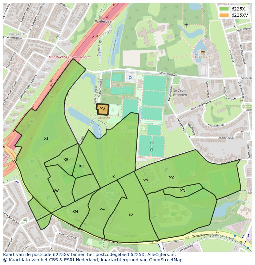Afbeelding van het postcodegebied 6225 XV op de kaart.