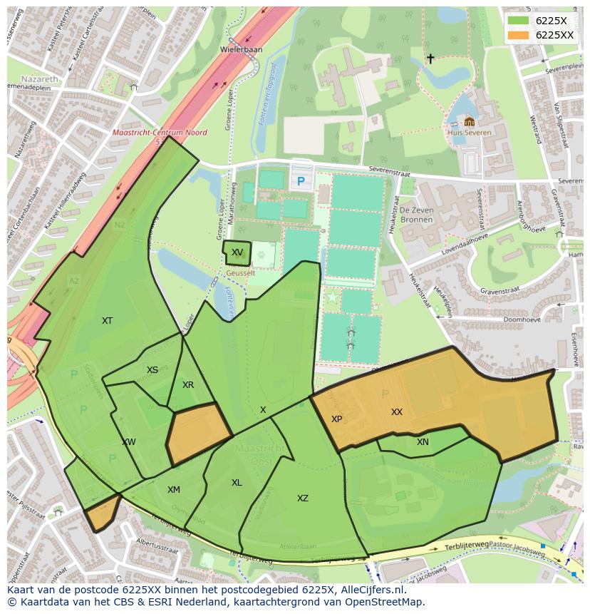 Afbeelding van het postcodegebied 6225 XX op de kaart.
