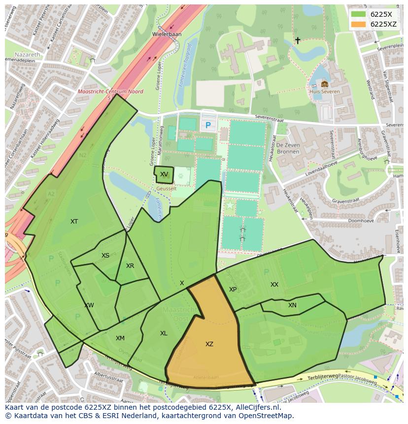 Afbeelding van het postcodegebied 6225 XZ op de kaart.
