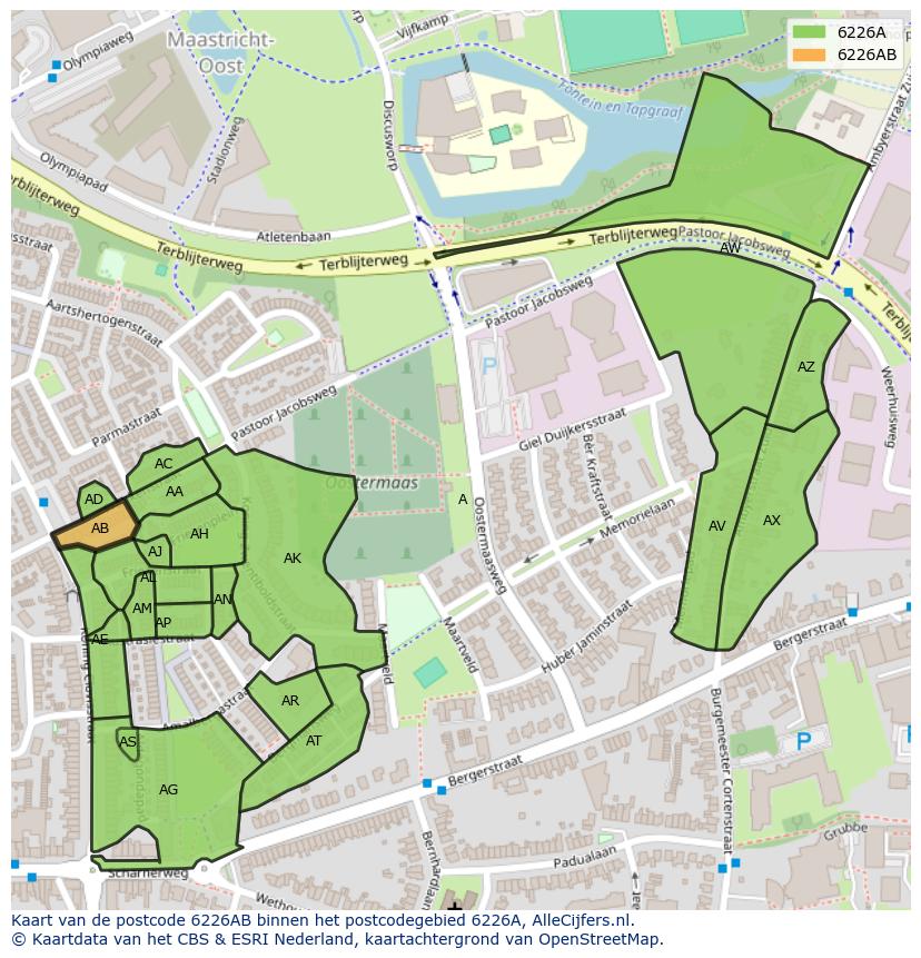 Afbeelding van het postcodegebied 6226 AB op de kaart.