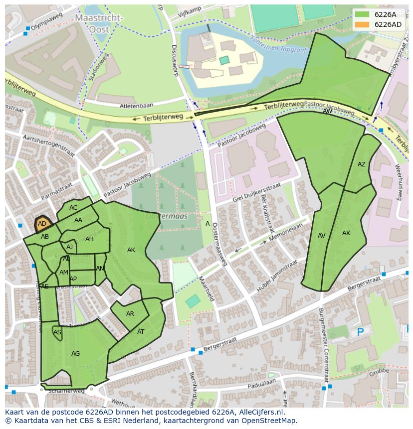 Afbeelding van het postcodegebied 6226 AD op de kaart.