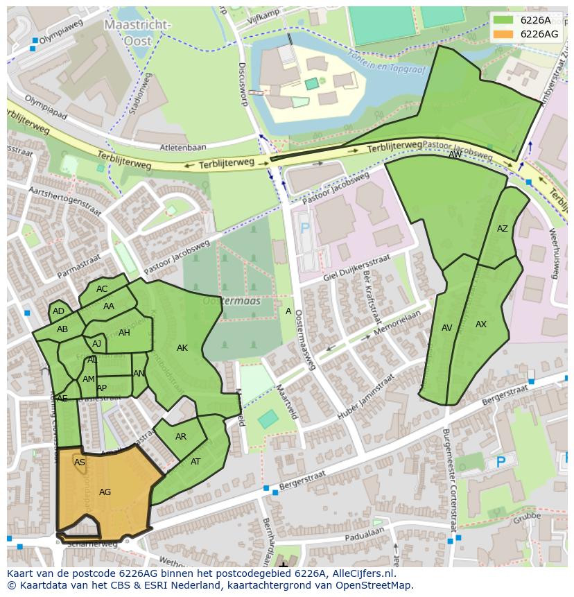 Afbeelding van het postcodegebied 6226 AG op de kaart.
