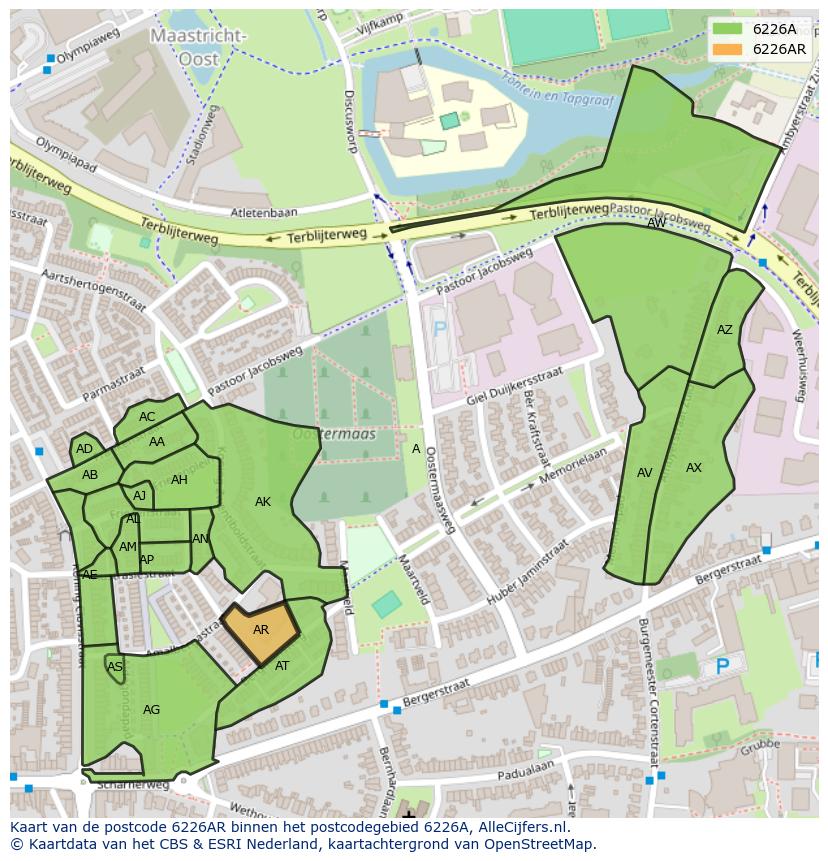 Afbeelding van het postcodegebied 6226 AR op de kaart.