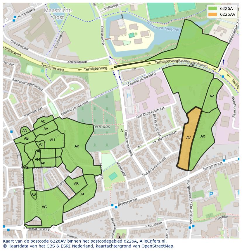 Afbeelding van het postcodegebied 6226 AV op de kaart.