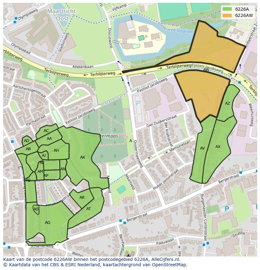 Afbeelding van het postcodegebied 6226 AW op de kaart.