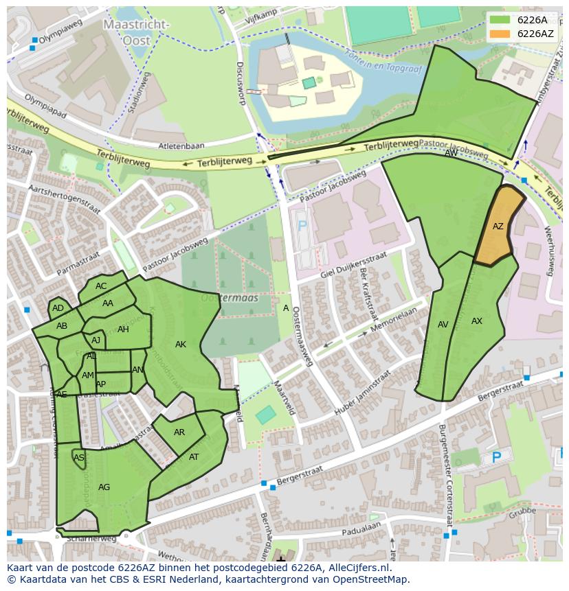 Afbeelding van het postcodegebied 6226 AZ op de kaart.