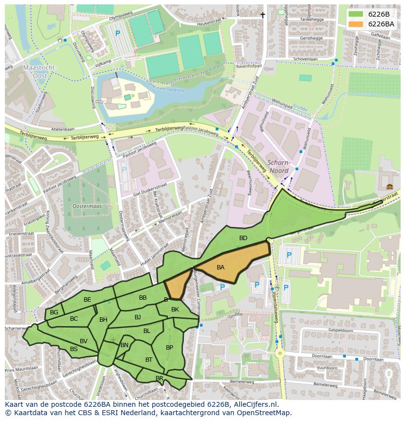 Afbeelding van het postcodegebied 6226 BA op de kaart.