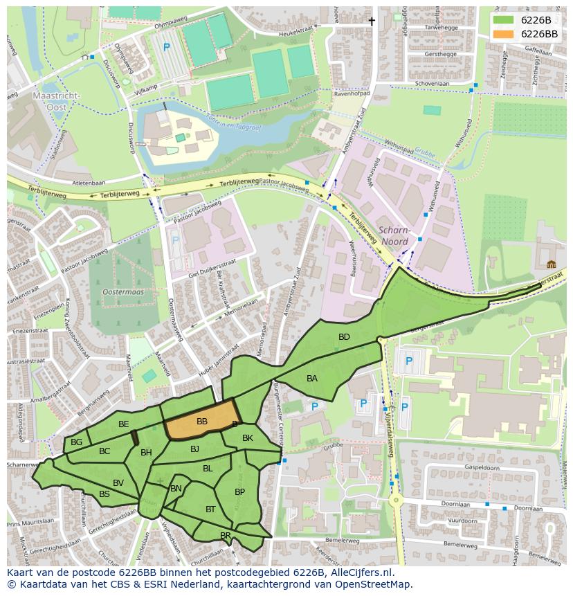 Afbeelding van het postcodegebied 6226 BB op de kaart.
