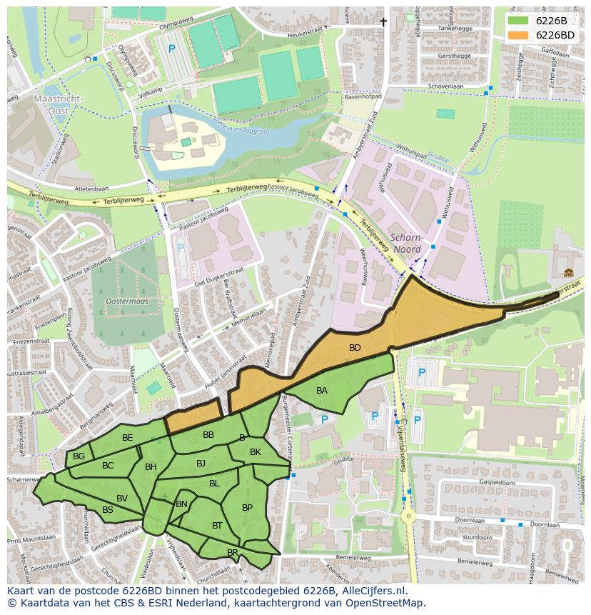 Afbeelding van het postcodegebied 6226 BD op de kaart.