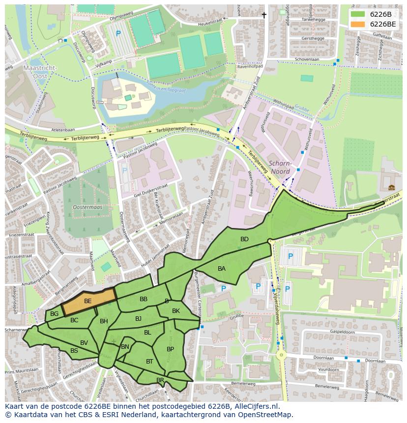 Afbeelding van het postcodegebied 6226 BE op de kaart.