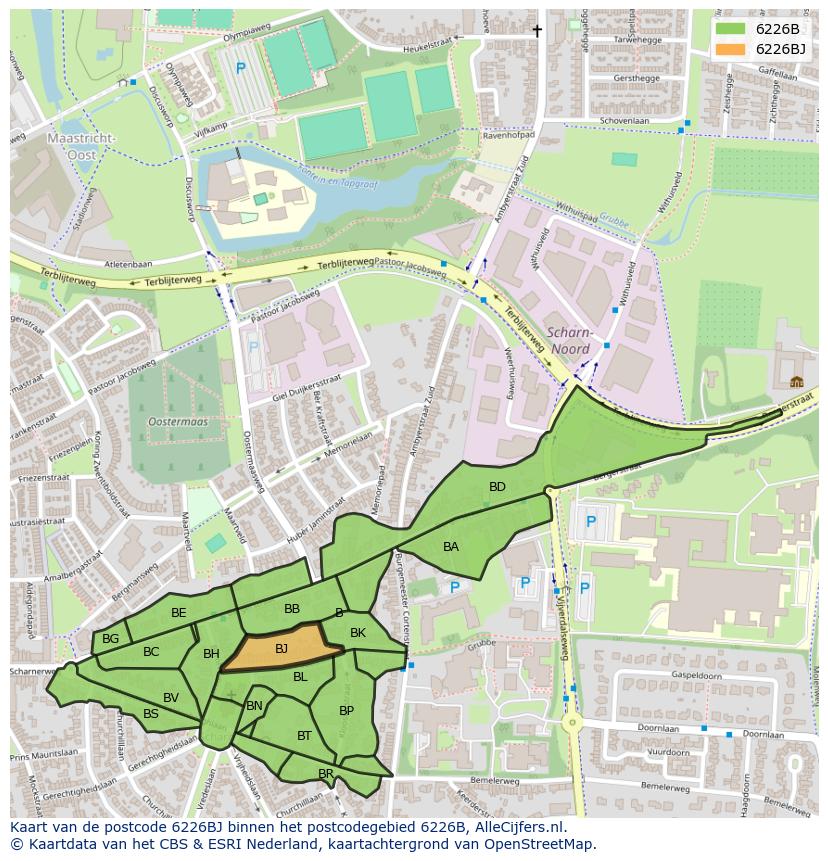 Afbeelding van het postcodegebied 6226 BJ op de kaart.