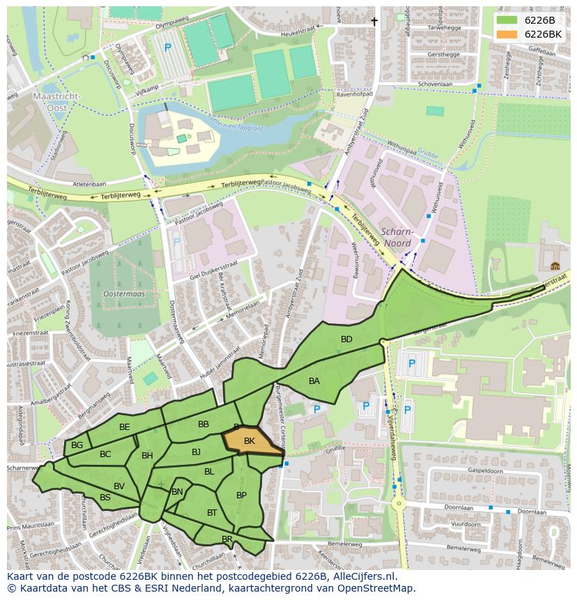 Afbeelding van het postcodegebied 6226 BK op de kaart.
