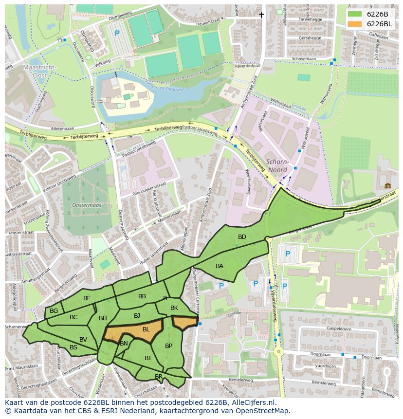 Afbeelding van het postcodegebied 6226 BL op de kaart.