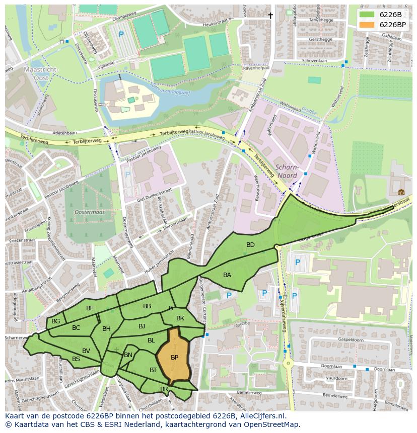 Afbeelding van het postcodegebied 6226 BP op de kaart.