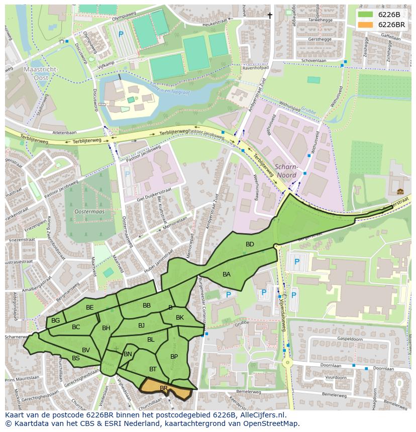 Afbeelding van het postcodegebied 6226 BR op de kaart.