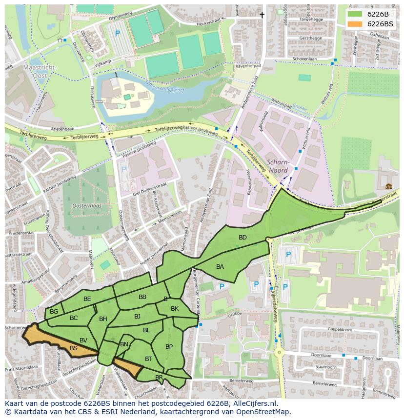 Afbeelding van het postcodegebied 6226 BS op de kaart.