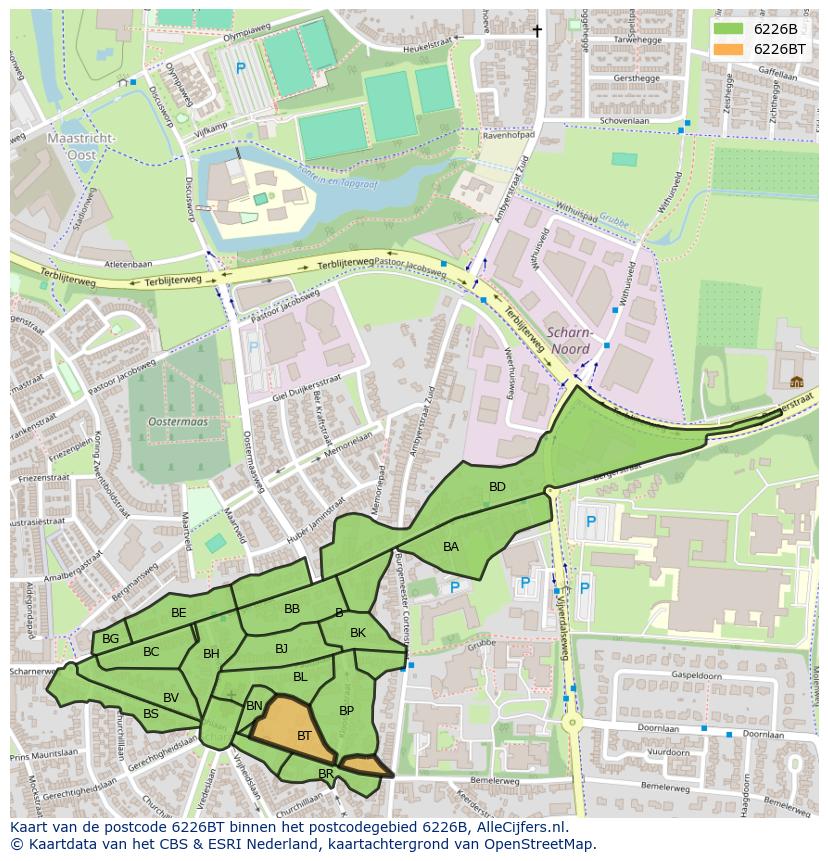 Afbeelding van het postcodegebied 6226 BT op de kaart.