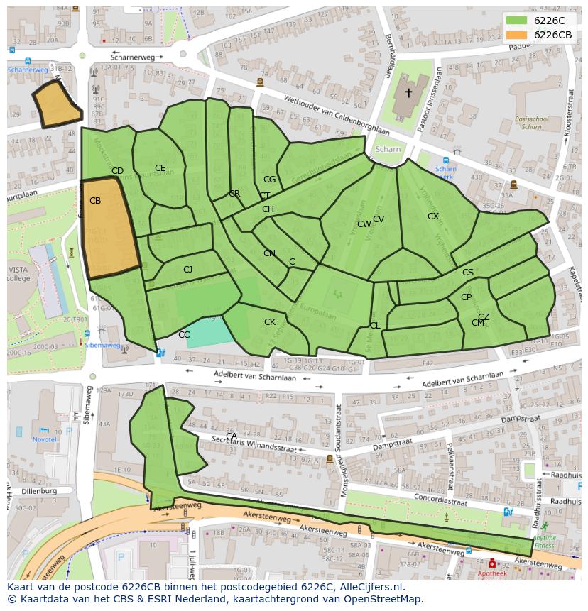 Afbeelding van het postcodegebied 6226 CB op de kaart.