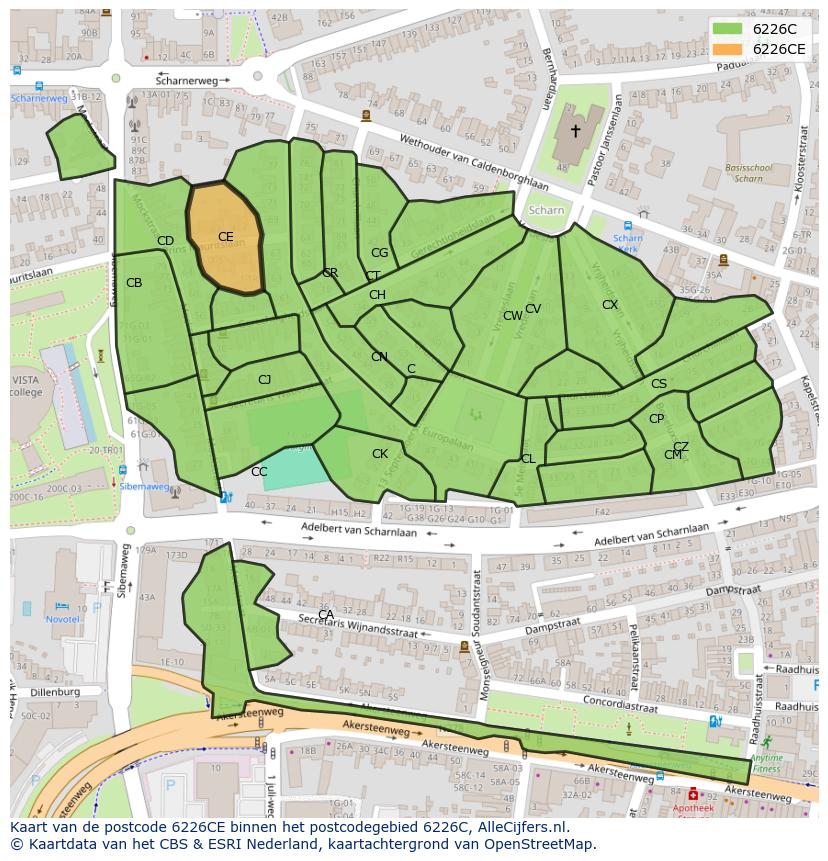 Afbeelding van het postcodegebied 6226 CE op de kaart.