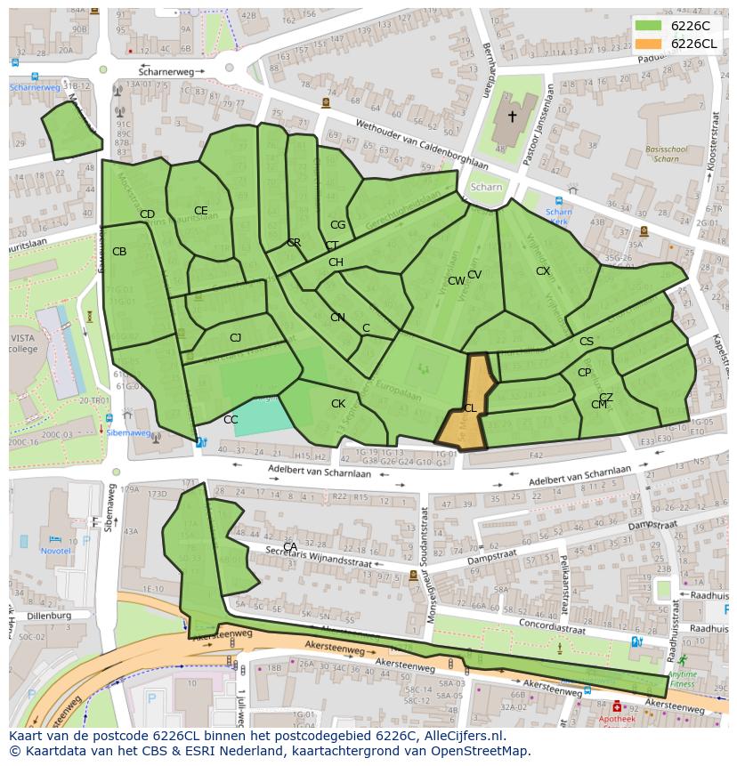 Afbeelding van het postcodegebied 6226 CL op de kaart.