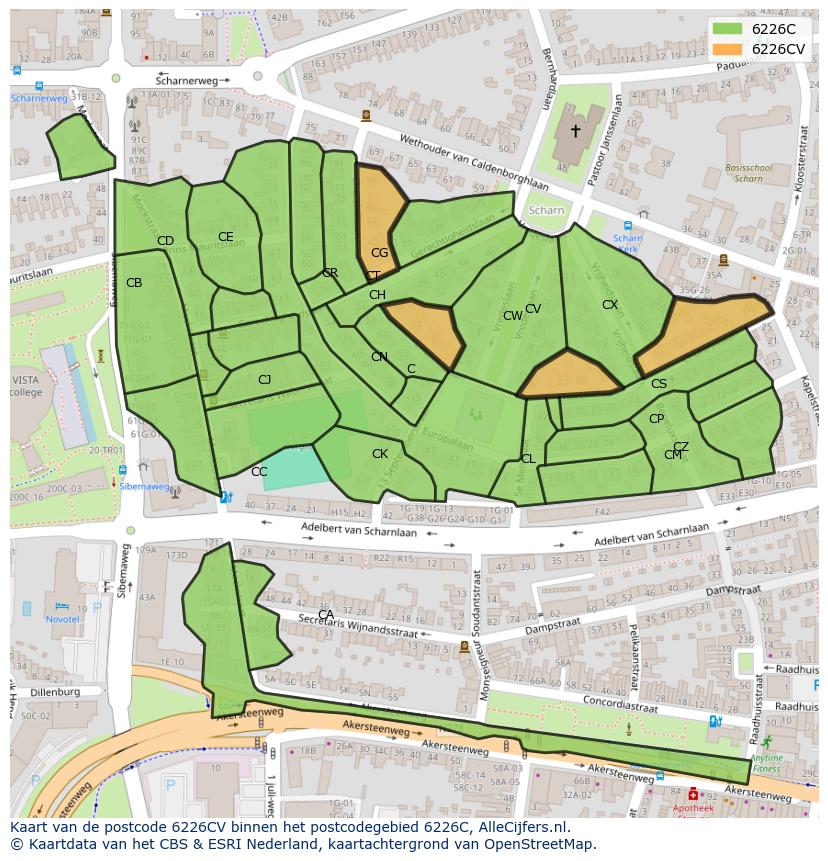 Afbeelding van het postcodegebied 6226 CV op de kaart.