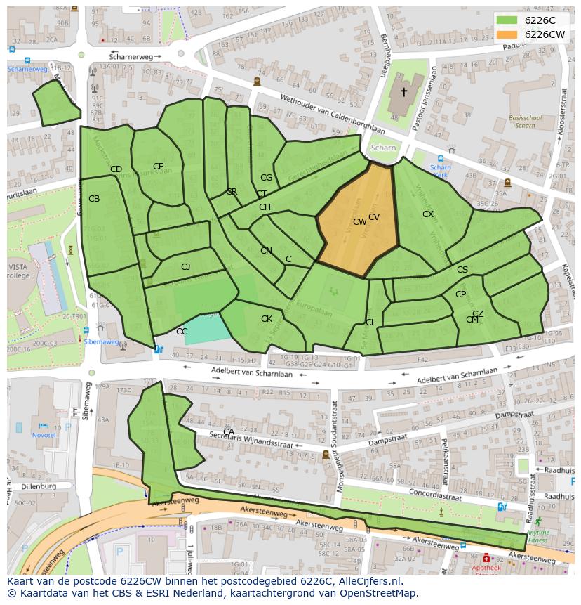 Afbeelding van het postcodegebied 6226 CW op de kaart.