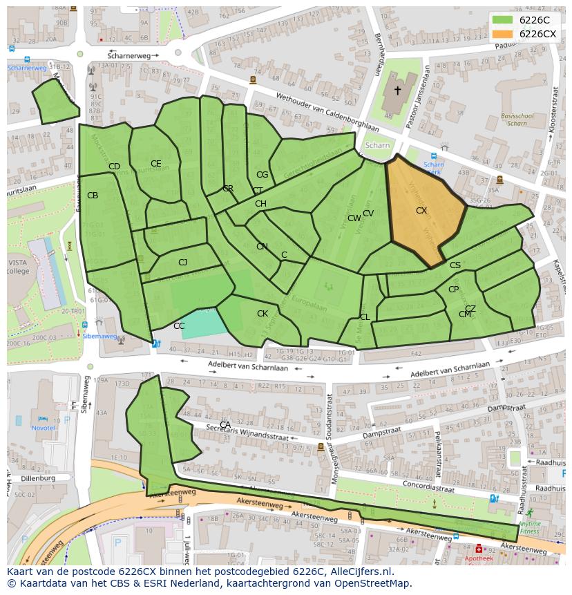Afbeelding van het postcodegebied 6226 CX op de kaart.