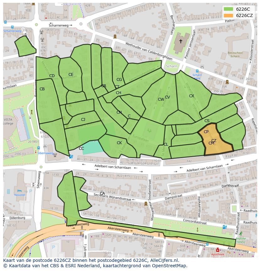 Afbeelding van het postcodegebied 6226 CZ op de kaart.