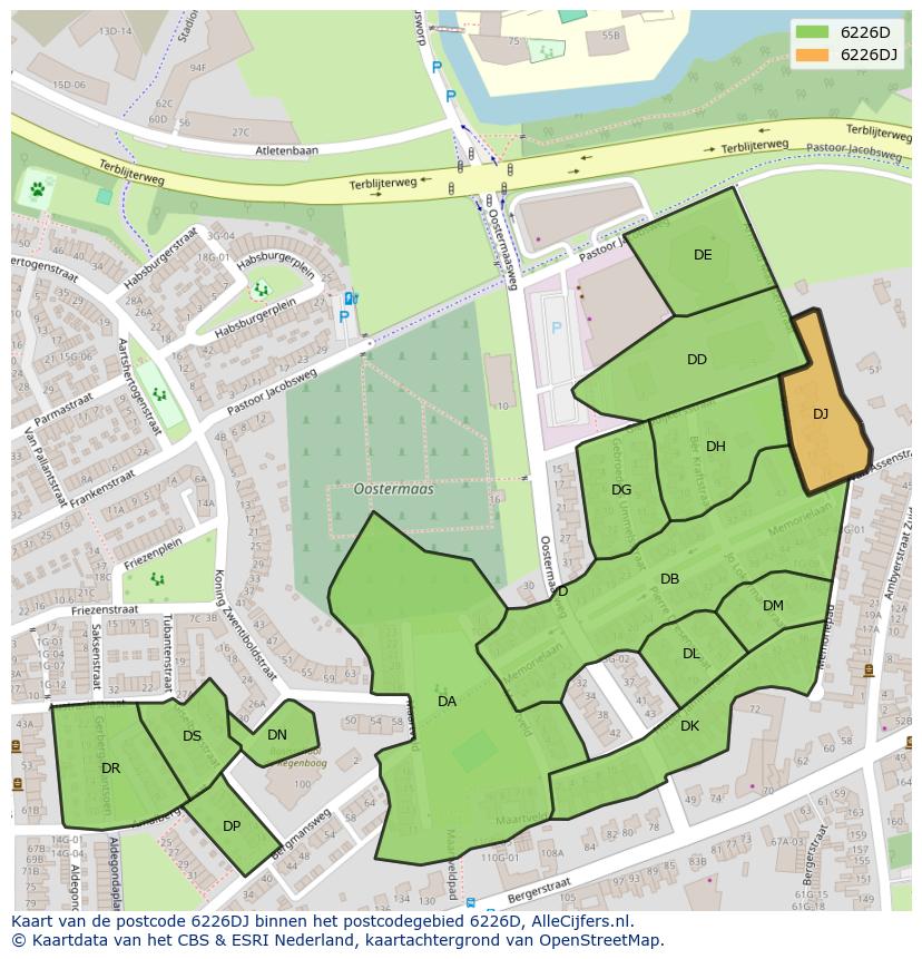 Afbeelding van het postcodegebied 6226 DJ op de kaart.