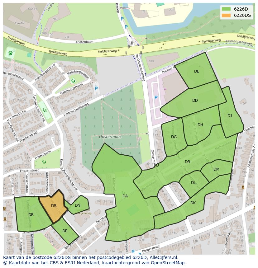 Afbeelding van het postcodegebied 6226 DS op de kaart.