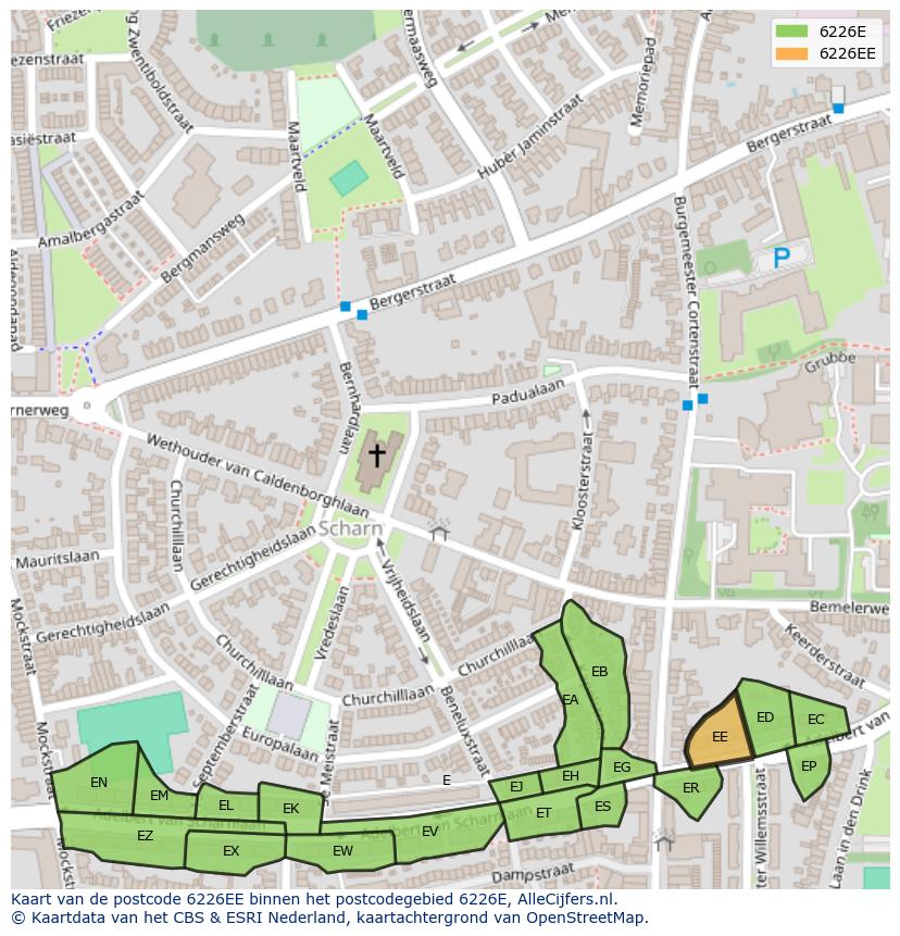 Afbeelding van het postcodegebied 6226 EE op de kaart.