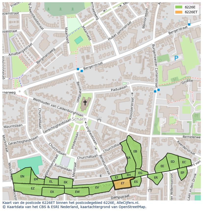 Afbeelding van het postcodegebied 6226 ET op de kaart.