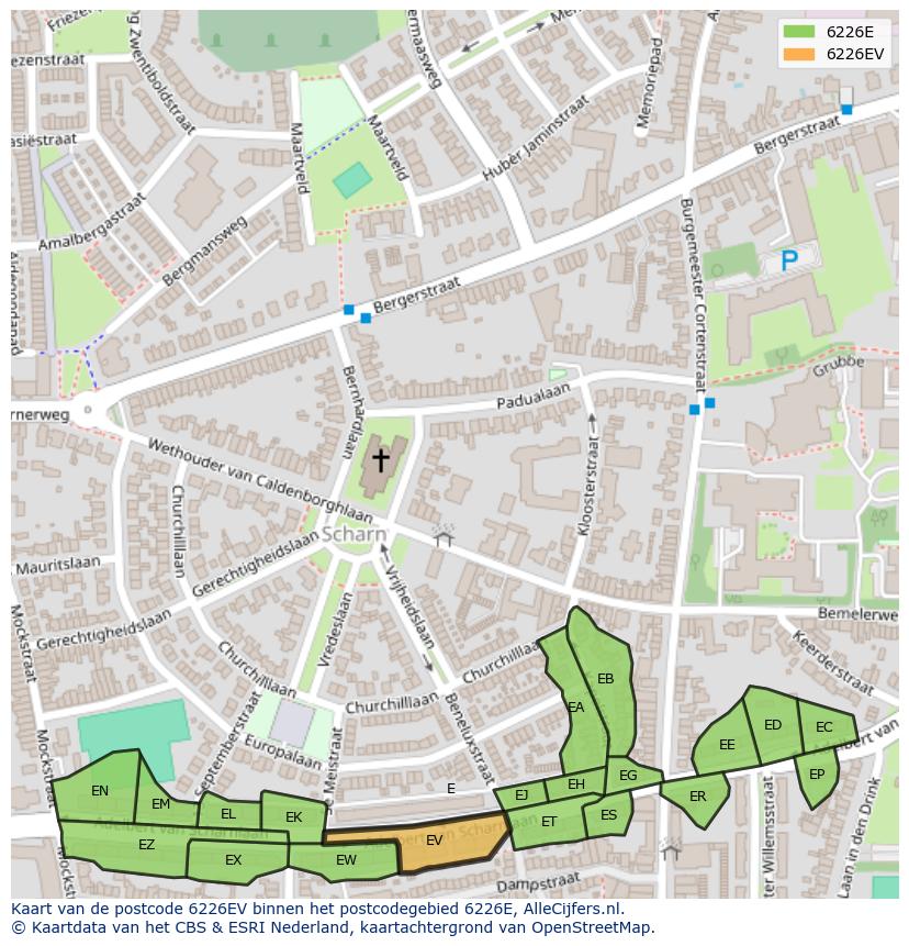 Afbeelding van het postcodegebied 6226 EV op de kaart.