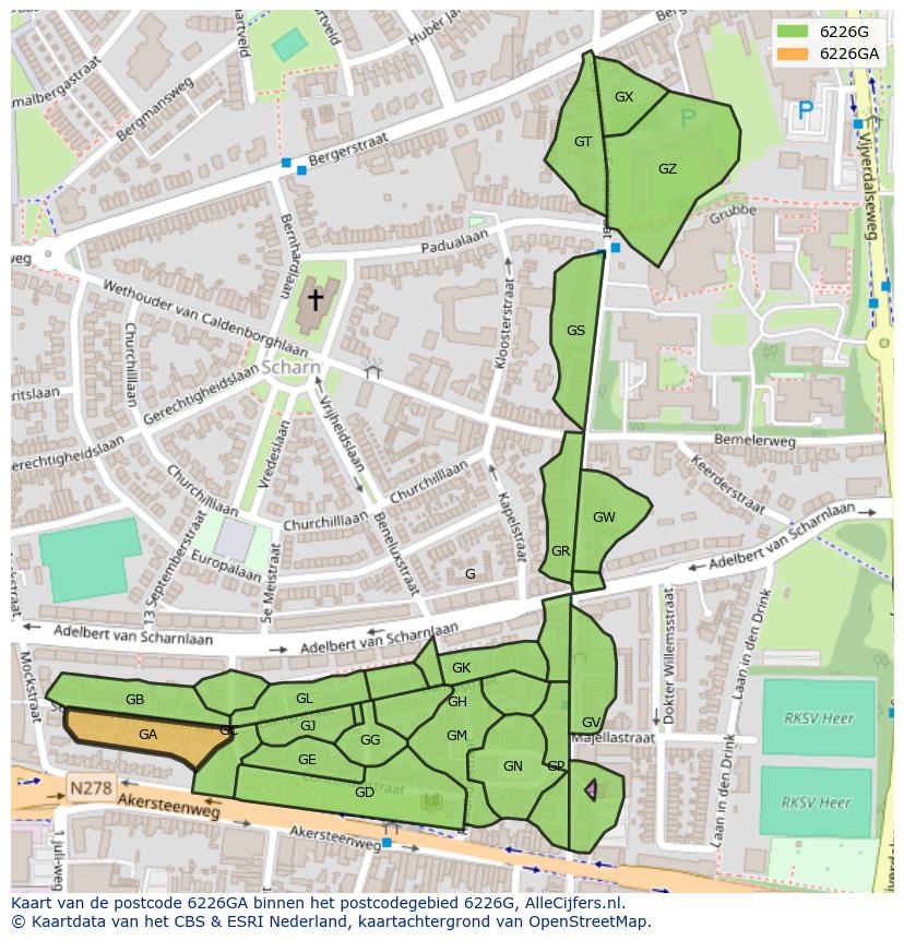Afbeelding van het postcodegebied 6226 GA op de kaart.