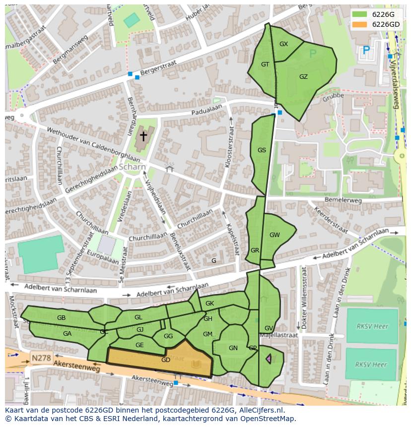 Afbeelding van het postcodegebied 6226 GD op de kaart.