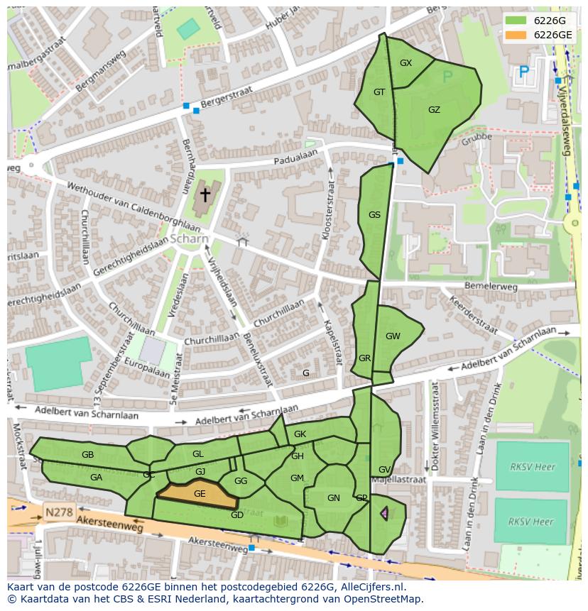 Afbeelding van het postcodegebied 6226 GE op de kaart.