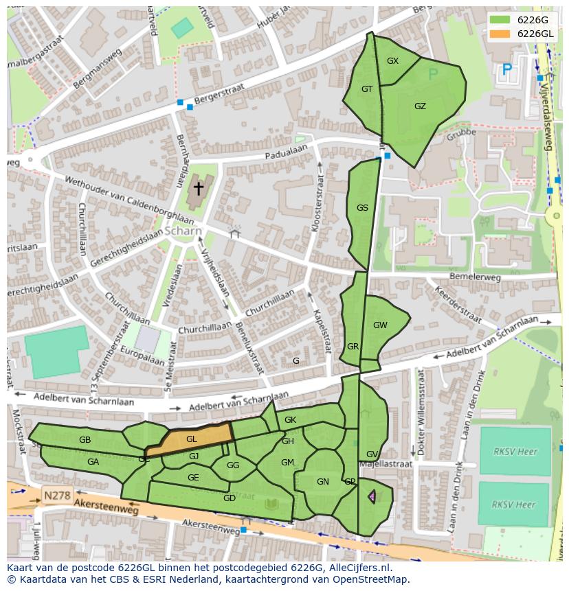 Afbeelding van het postcodegebied 6226 GL op de kaart.