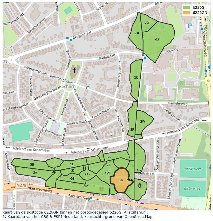 Afbeelding van het postcodegebied 6226 GN op de kaart.