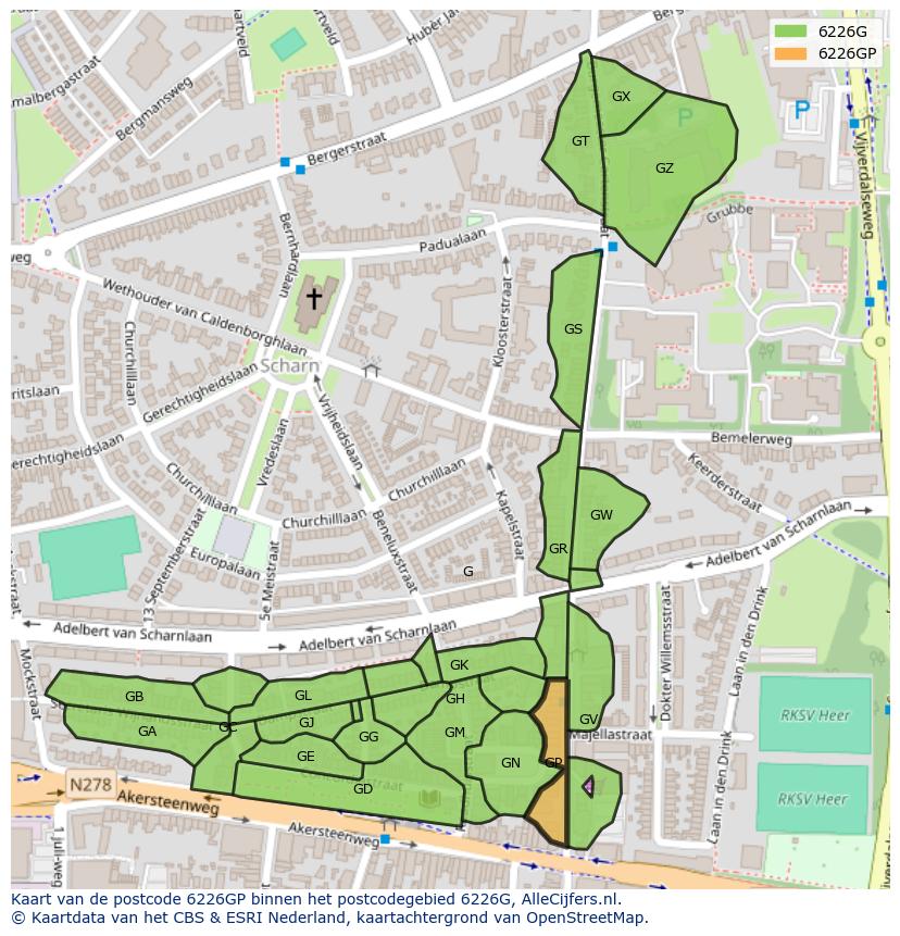 Afbeelding van het postcodegebied 6226 GP op de kaart.